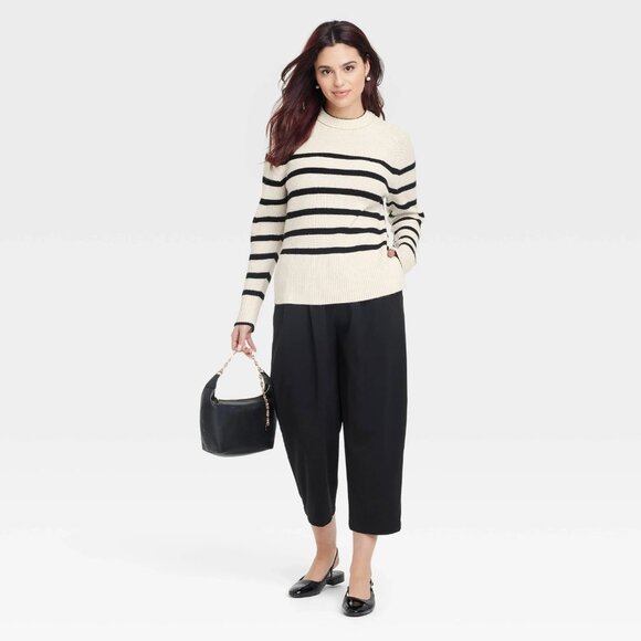 XS - Womens Crew Neck Pullover Sweater - A New Day - Black Cream Striped - Picture 2 of 6